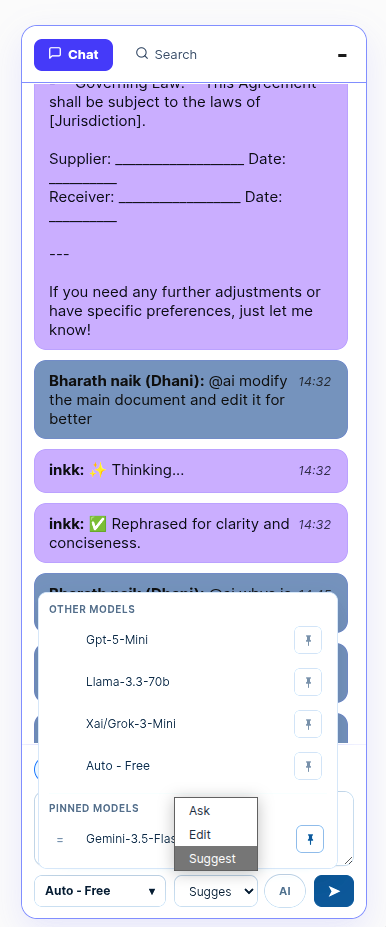 Inkk AI Chat Model Selector